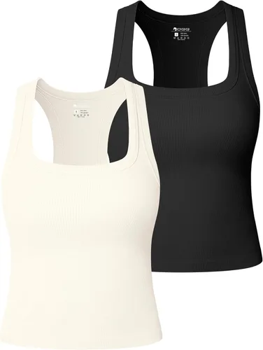 Vista 8 de OQQ Camiseta sin mangas para mujer, 2 piezas, acanalada, cuello cuadrado, sin mangas, elástica, casual, para salir