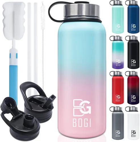 Vista 10 de BOGI Botella de agua aislada de 40 onzas, paquete de 2 botellas de agua de acero inoxidable al vacío de doble pared con popote y 3 tapas, botella