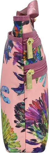 Vista 6 de Anuschka Bandolera cruzada con bolsillo deslizante, colección Wanderlust, tela de nailon con ribete de cuero genuino e impresión de obras de arte