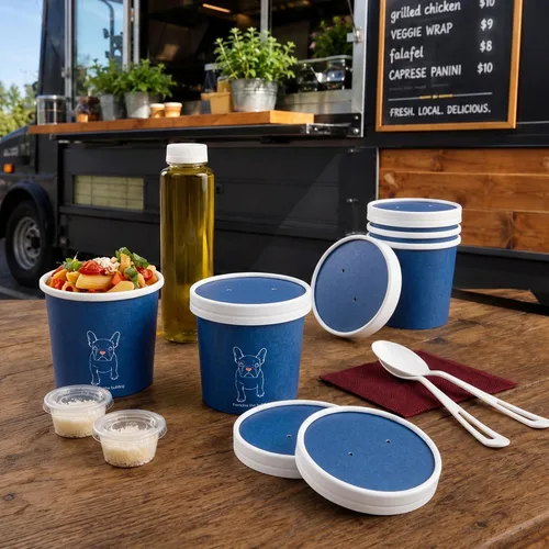 Vista 3 de Restaurantware Bio Tek - Tapas para sopa de papel azul, 200 desechables, 12 onzas, redondas, estilo moderno, herméticas, se venden por separado Azul