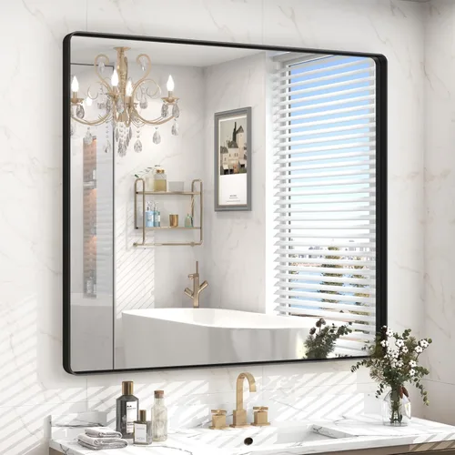 Vista 21 de Espejo rectangular para pared de baño de 20x30 pulgadas con marco negro mate, espejo de tocador con esquinas redondeadas, espejo de baño de metal