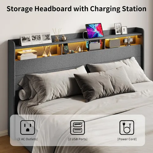 Vista 7 de Cama de almacenamiento elevable, cabecera de almacenamiento iluminada RGB con estación de carga, marco de cama King con 2 cajones, soporte