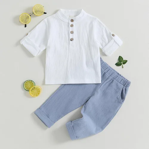 Vista 2 de Karuedoo Conjunto de camisas Henley de algodón y lino con botones y pantalones casuales para bebé niño