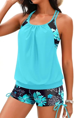 Vista 16 de Holipick Trajes de baño tankini de dos piezas con control abdominal, top de baño tipo blusa con shorts estilo boy shorts Verde Aqua