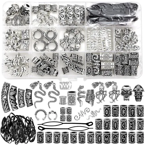 Vista 8 de 207 piezas de joyería para cabello vikingo, cuentas de runas nórdicas en tubo, kit de accesorios para trenzas, rastas, barba, locs, clips metálicos