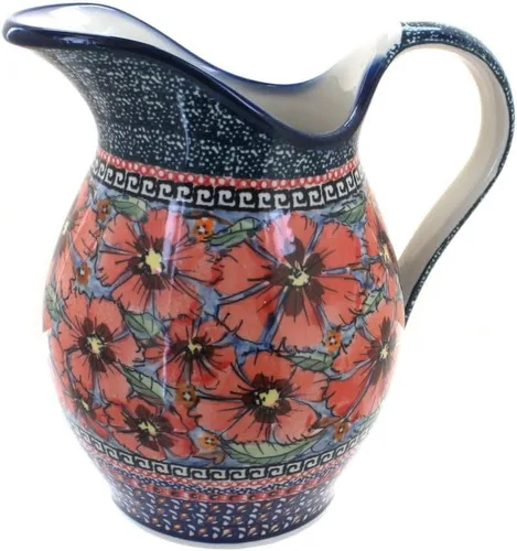 Vista 3 de Jarra de tulipanes azules de cerámica polaca rosa azul