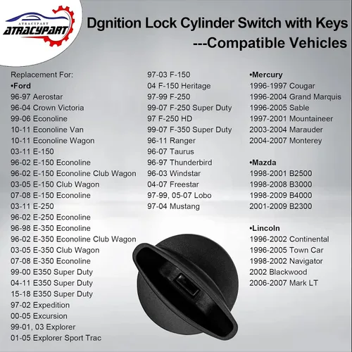 Vista 3 de Interruptor de cilindro de cerradura de encendido con llaves, compatible con Ford 1996-2016, Lincoln 1996-2007, Mercury 1996-2007, Mazda 1998-2009