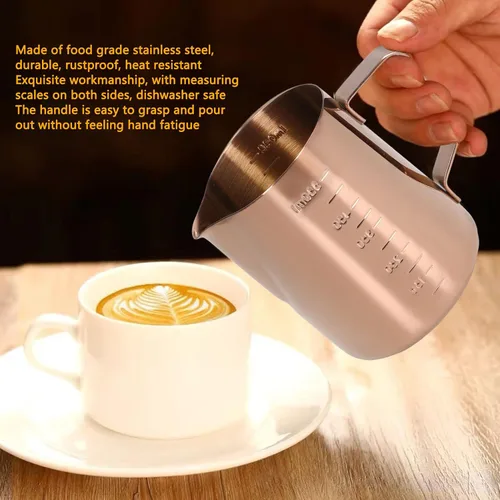 Vista 4 de Taza de espuma, jarra de leche de café 550ML con escala Jarra de vapor de acero inoxidable de oro rosa