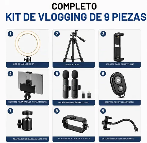 Vista 2 de Acuvar Kit de vlogging con trípode de luz de anillo – Kit de creación de contenido para iPhone, Android y tabletas, micrófono, control remoto