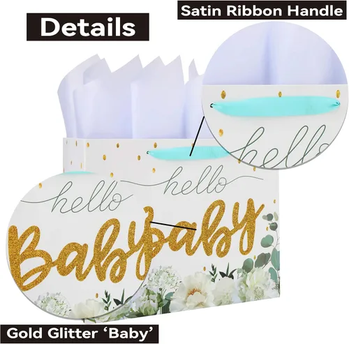 Vista 4 de Juego de bolsas de regalo extra grandes de 16.5" en color blanco con tarjeta de felicitación y papeles de seda (brillo dorado "Bebé") para baby