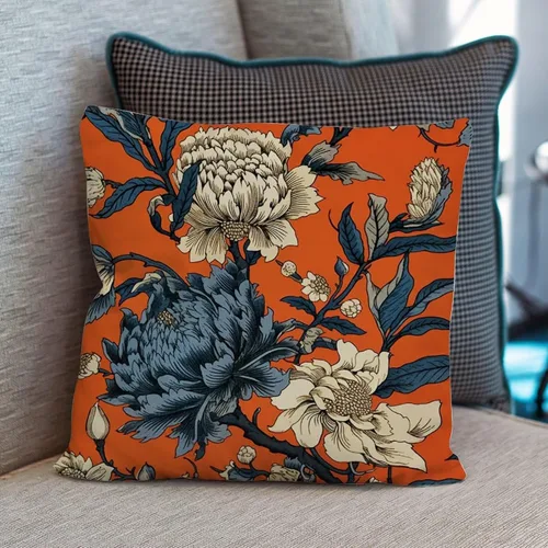Vista 6 de Funda de cojín con diseño de flores de caqui chinoiserie, color naranja, azul marino, peonía, funda de almohada cuadrada rústica para sofá