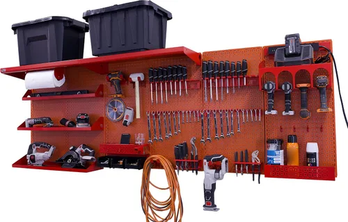 Vista 4 de OmniWall Weekend Warrior Ultimate Tool Kit - Sistema de Almacenamiento de Pared de Tablero de Clavos de Metal de 96" x 32" Negro/Naranja