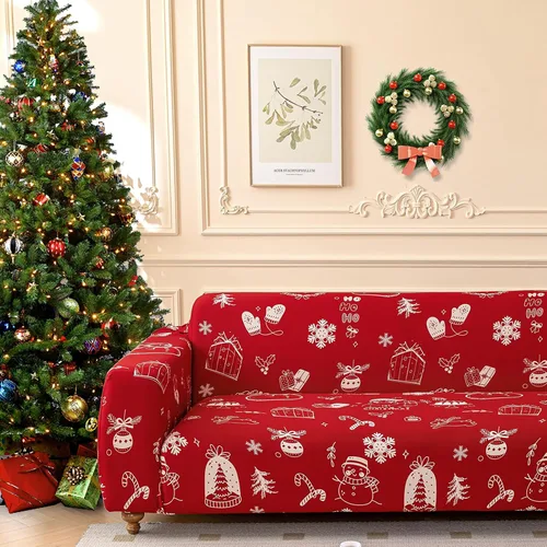 Vista 12 de Anibedding - Funda estampada de Navidad roja para sofá de 2 cojines, funda elástica con renos y copos de nieve para sofá, funda de sofá lavable a