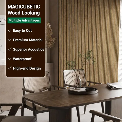 Vista 3 de 4 paneles de pared de listones de madera acústica 3D, absorción de sonido con cancelación de ruido, decoración de pared interior de teca natural