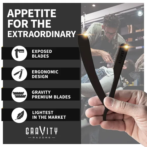 Vista 3 de Kit de afeitado manual GRAVITY RAZORS Profesional – Exposición Ultra, Incluye 10 Hojas Premium, 2mm Expuestas, Negro Mate