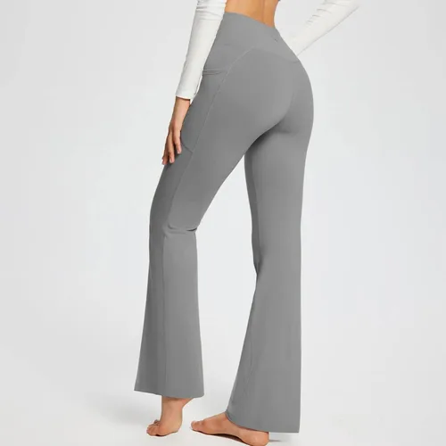 Vista 3 de Leggings acampanados cruzados para mujer, cintura alta, corte en V, corte de bota, pantalones de yoga acampanados con bolsillos
