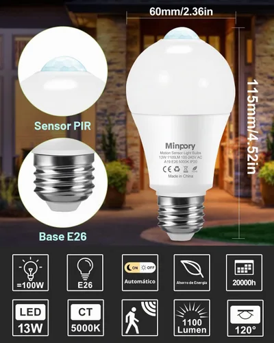 Vista 8 de Bombillas con sensor de movimiento, 13 W (equivalente a 100 W) detector de movimiento activado automáticamente desde el atardecer hasta el amanecer