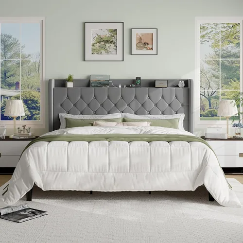 Vista 15 de SHA CERLIN Base de cama de plataforma de tamaño matrimonial con estación de carga, cabecera de lino con estante de almacenamiento, soporte