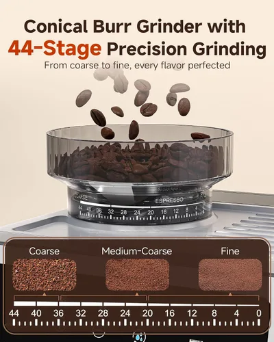 Vista 2 de AMZCHEF Máquina de café expreso con molinillo, control de temperatura de 190 ℉ a 201 ℉ con ajuste de molienda de 44 grados, espumador de leche