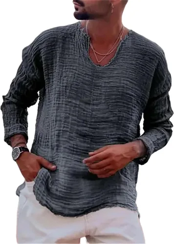 Vista 4 de Camisas casuales de lino para hombre, de manga larga, cuello en V, a la moda, playa, vacaciones, sueltas, lisas, ligeras, básicas