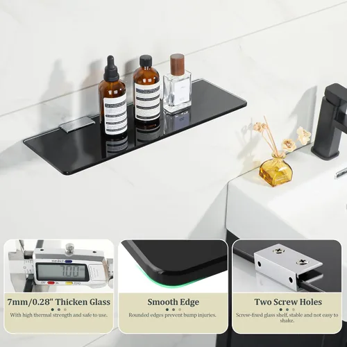 Vista 3 de SAYAYO Estantes flotantes de vidrio para baño, estante de vidrio templado para pared de 15 x 5 pulgadas, 1 unidad, color negro