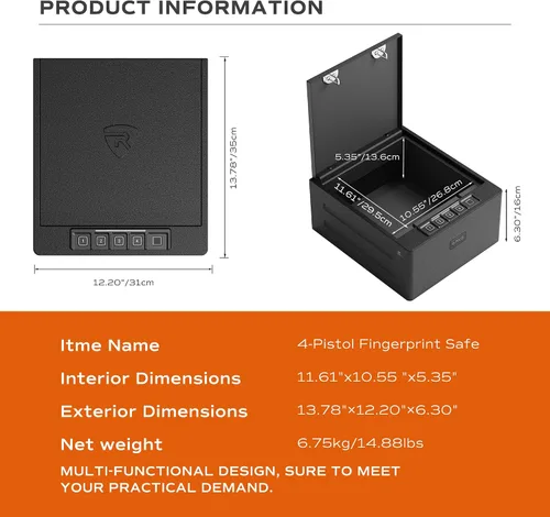 Vista 6 de RPNB Caja fuerte para armas, caja fuerte biométrica para pistola, 4 pistolas de alta capacidad con teclado digital, huella dactilar biométrica