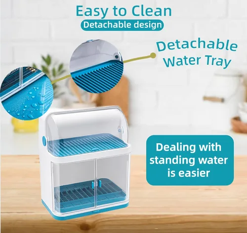 Vista 5 de Estante de secado de platos de 2 niveles con escurridor y cubierta, material de polipropileno desmontable, gran capacidad, vertical, grueso, 180°