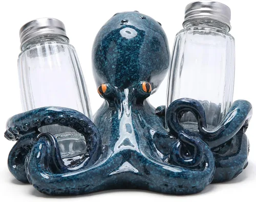Vista 2 de Hodao Figuras de pulpo con salero y pimentero, juego de pulpo con soporte para bar de playa o decoración de cocina tropical, decoración de mesa