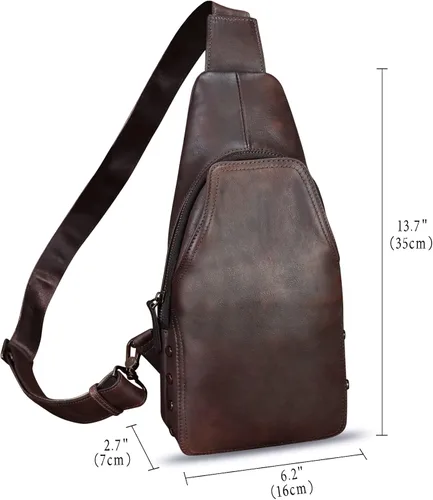 Vista 5 de Bolso de cuero genuino para mujeres y hombres hecho a mano de cuero bandolera mochila pecho bolso bandolera bandolera, Café, Mochilas Sling
