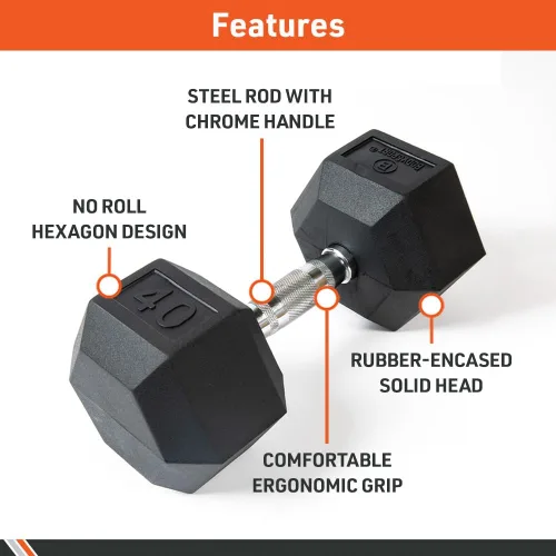 Vista 3 de Body Sport Mancuerna hexagonal con revestimiento de goma, individual – Mancuernas para ejercicios – Equipo de entrenamiento de fuerza – Accesorios