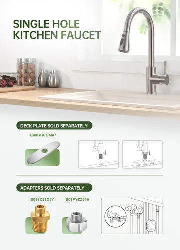 Vista 8 de VFAUOSIT - Grifo de cocina con rociador extraíble, grifo de fregadero de cocina sin plomo, níquel cepillado, acero inoxidable, arco alto, extracción