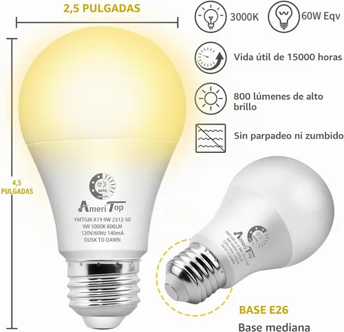 Vista 3 de Paquete de 3 bombillas del atardecer al amanecer, bombillas LED con sensor A19, 3000K blanco cálido