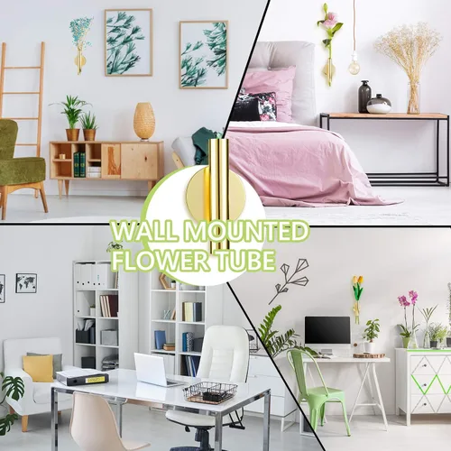 Vista 6 de Jetec 3 jarrones de pared de metal dorado para colgar en la pared, macetas para flores, tubo colgante bohemio para exhibir decoración del hogar