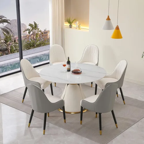 Vista 9 de Mesa de comedor redonda moderna de 59 pulgadas con suspensión perezosa desmontable de 31.5 pulgadas, mesa de comedor de mármol de piedra sinterizada