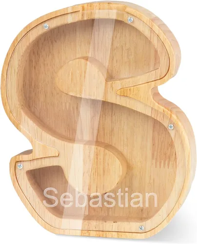 Vista 23 de Alcancía con nombre personalizado, 26 letras láser con texto personalizado, banco de monedas de madera, significado educativo, alcancía con nombre