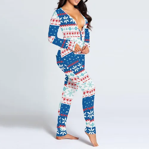 Vista 3 de Pijama de Navidad para mujer con botones para adultos estampado de alicatas largo para dormir overol ajustado