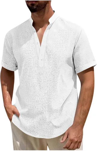 Vista 14 de Camisa hawaiana para hombre, manga corta, cuello en V, cuello en V, camisas de lino con botones, camisetas de crucero, camisetas casuales bohemias