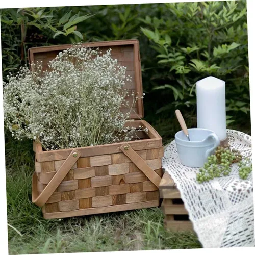 Vista 7 de Cesta de compras de madera, cesta de picnic vintage con tapa, cesta de mimbre de frutas con tapa, cesta de almacenamiento de juguetes, arreglos