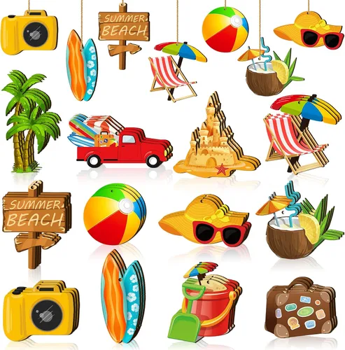Vista 10 de Geelin - 36 adornos colgantes de madera de verano para árbol de Navidad en julio, mini decoraciones de árbol hawaiano, playa, colgante de madera