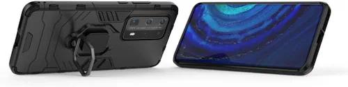 Vista 2 de Compatible con Huawei P40 Pro+, soporte de anillo de metal (funciona con soporte magnético para automóvil), funda resistente de doble capa para Negro