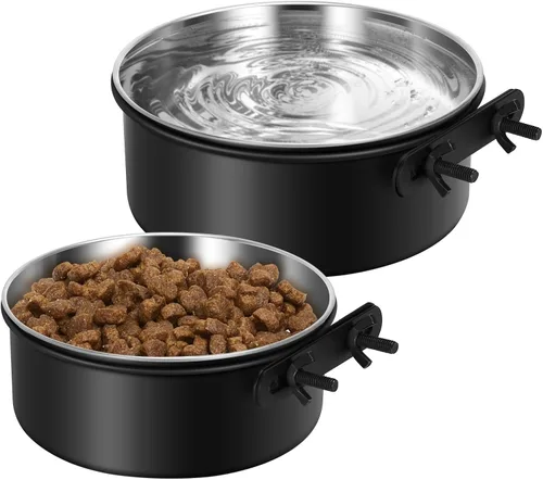 Vista 9 de Cuenco de agua para perrera, caja de acero inoxidable para perros, tazón de agua sin derrames, paquete de 2 cuencos colgantes para jaula de perrera
