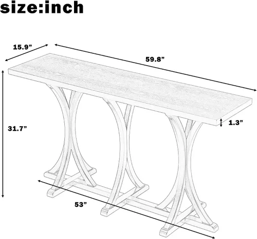 Vista 3 de Mesa de consola de madera de 152 cm con tapa de chapa de roble y patas curvadas delgadas de madera de goma, elegante mesa de sofá para sala