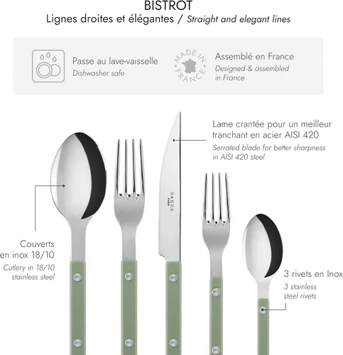Vista 4 de SABRE PARIS - Juego de cubiertos de 5 piezas - Colección Bistrot - Cuchillo, tenedor, cuchara de sopa, cucharadita y tenedor de postre - Acero