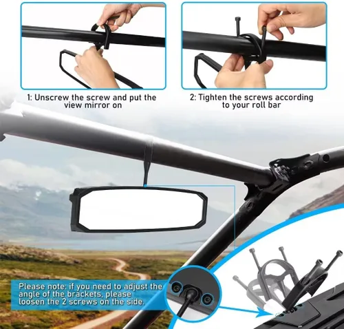 Vista 6 de Espejo retrovisor central UTV, vista clara con soporte de barra enrollable ajustable de 1.5 a 2 pulgadas, compatible con Polaris RZR General