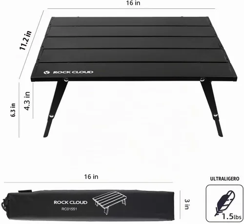 Vista 3 de Rock Cloud Mesa de Playa Plegable de Aluminio Ultraligera Ajustable en Altura, Mesa de Camping Portátil Mini Negro