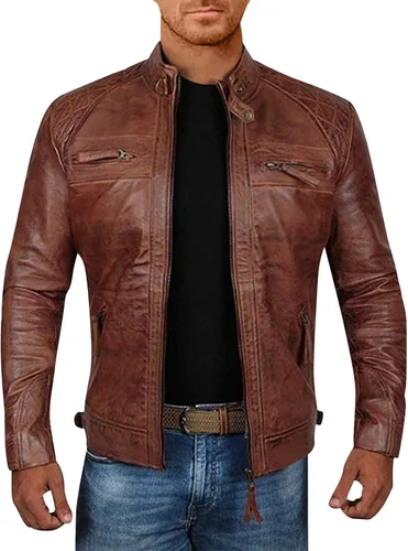 Vista 2 de RDEGOOCHA Chaqueta de cuero para motocicleta, para hombre, otoño, invierno, cuello alto, cremallera, chaqueta de manga larga, chaqueta de apuestas