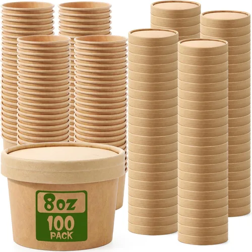 Vista 25 de Fulmoon Paquete de 100 recipientes de papel para sopa con tapas, recipientes de papel desechables para alimentos con tapa ventilada, tazas de postre