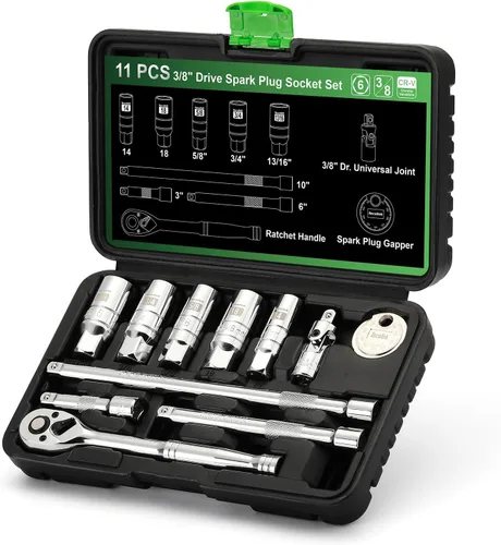 Vista 11 de TecoTek juego de 11 piezas de enchufes de bujía de 3/8" con llave de torque de clic, separador de bujías, junta universal, barra de extensión