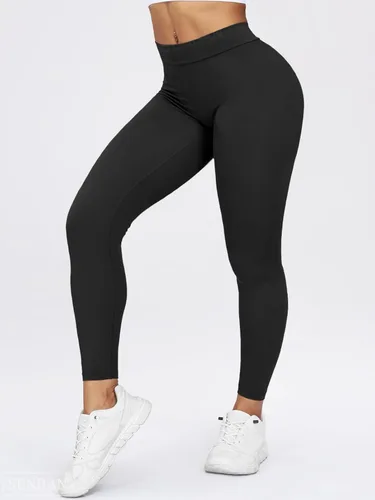 Vista 2 de SENBAN Leggings con espalda en V para mujer, mallas suaves de cintura alta, sin costuras, para entrenamiento, gimnasio, yoga, Negro