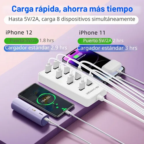 Vista 4 de Cargador de pared USB Estación de carga USB para múltiples dispositivos 8 puertos Charging Hub Strip Smart Charger Block Compatible with iPhone
